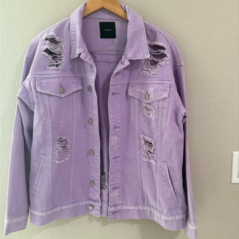 Forever 21 Lavender Distressed Denim Jacket Women’s Size XL